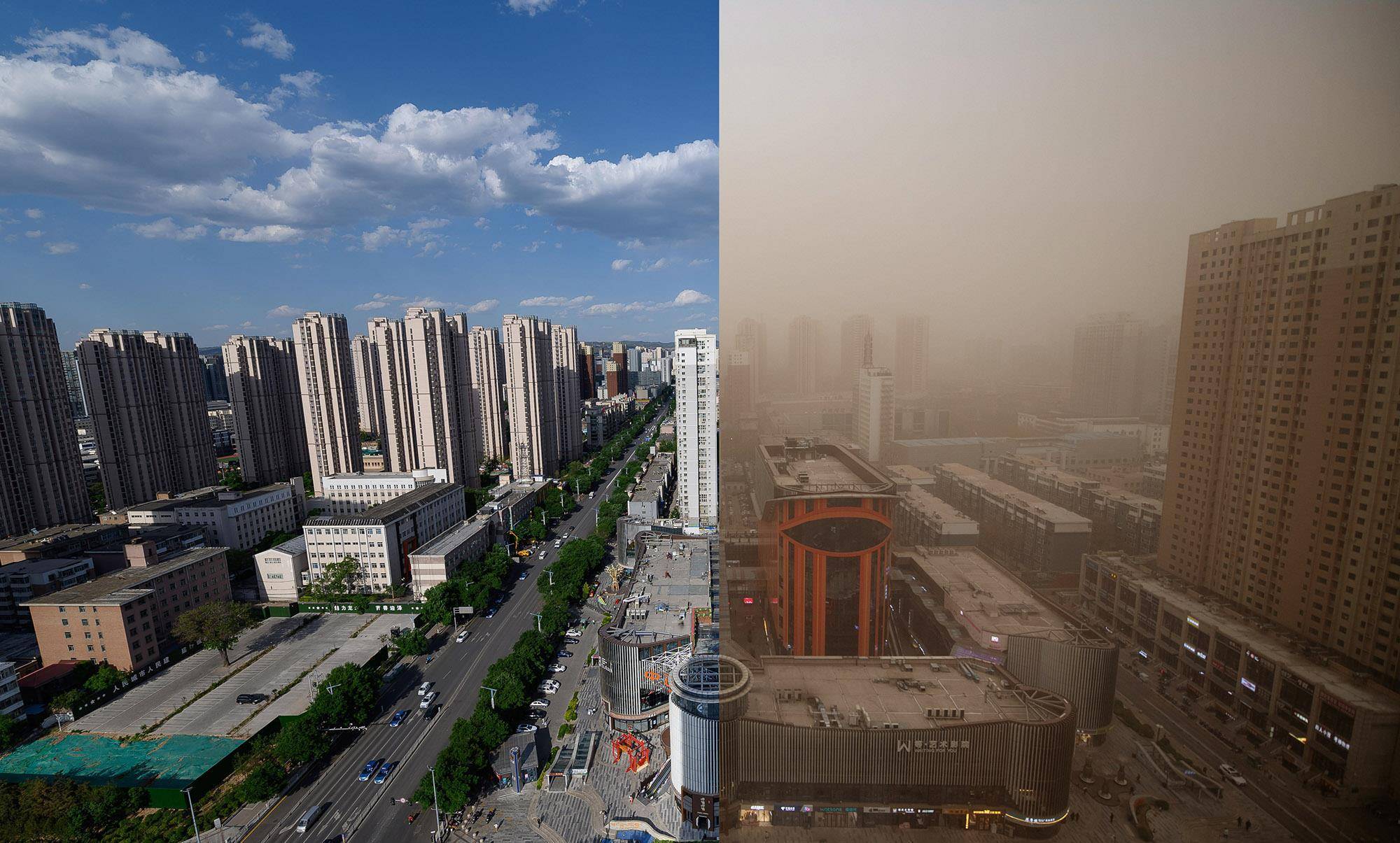 2021年3月15日,山西省太原市,城市被超强沙尘暴天气笼罩,能见度极低.