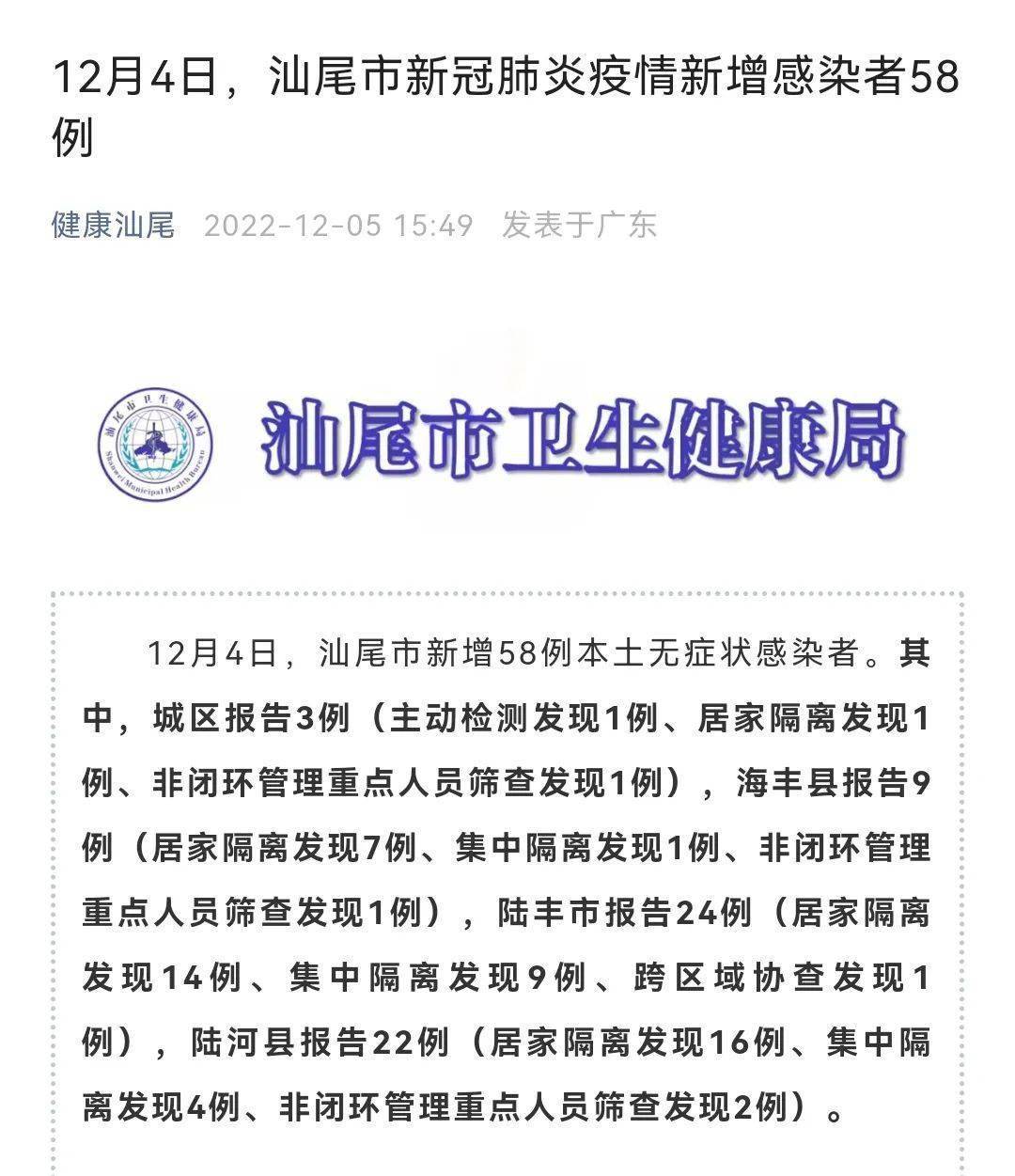 12月4日,汕尾市新冠肺炎疫情新增感染者58例_隔离_陆河县_陆丰市