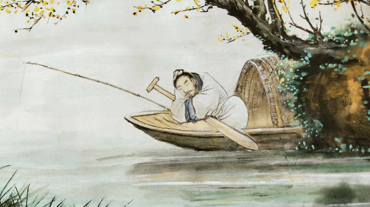 界画寒江--禅意山水《秋江渔隐图》局部.