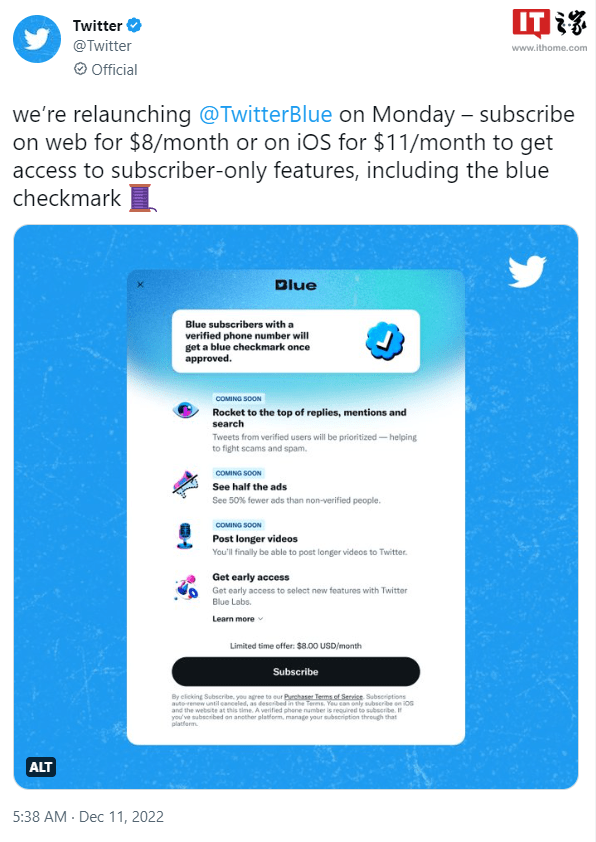 推特宣布“蓝V认证”将于周一重启，iPhone端售价更高