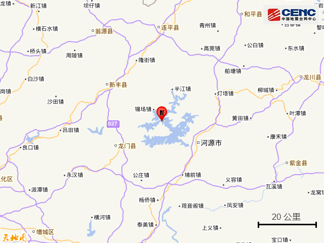 河源市东源县21日01时03分发生3.6级地震