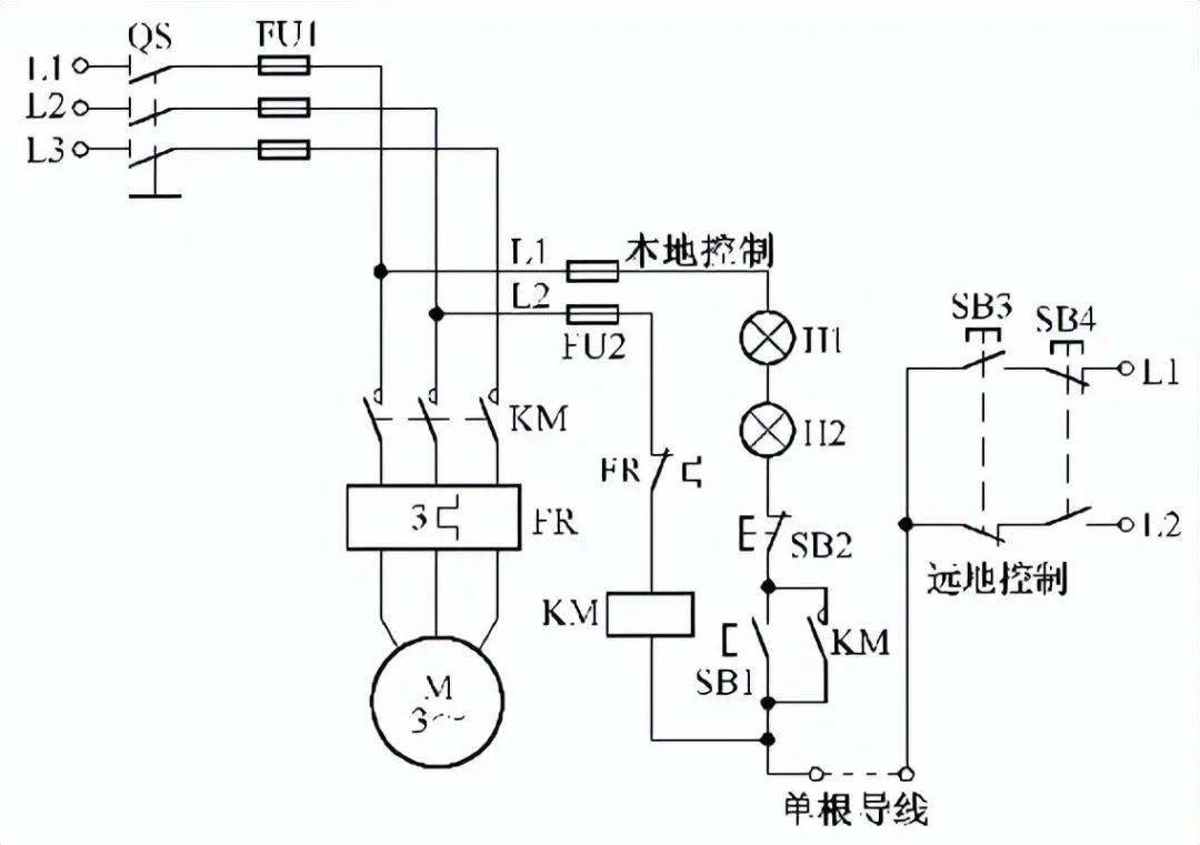 器控制星三角启动电路图图中左侧为电气实物接线图,右侧为电气原理图