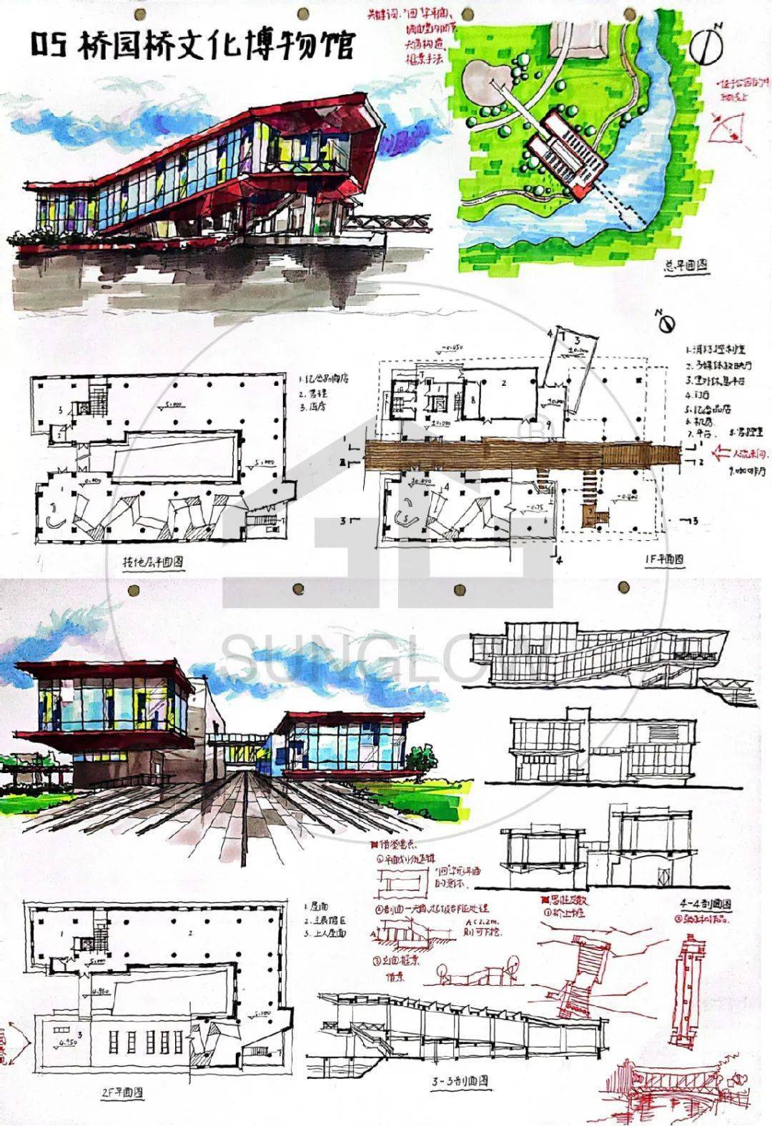 案例抄绘05 | 轴线,折板,漫游——天津桥园桥文化博物馆_空间_建筑