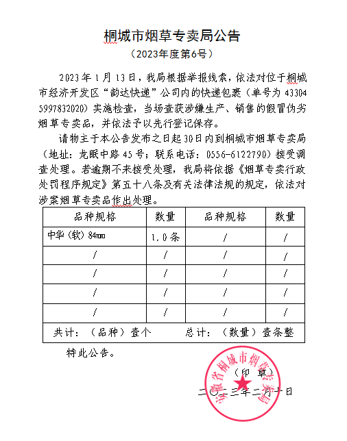 桐城查获一起假冒伪劣烟草