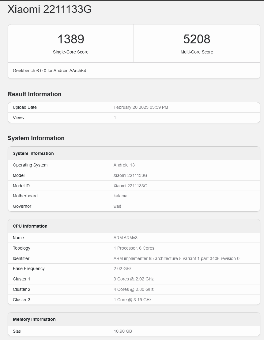 小米13国际版手机现身 GeekBench：高通骁龙8 Gen 2芯片+12GB内存