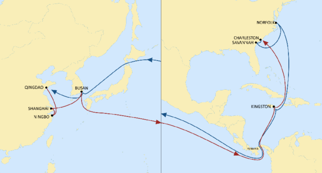 諾福克(美國)-金斯頓(美國)-巴拿馬運河(巴拿馬)-釜山(朝鮮)-青島