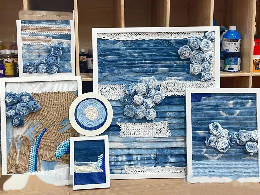 扎染作品置于白色画框中朴实而不失高雅二者相结合组成的多元触感而