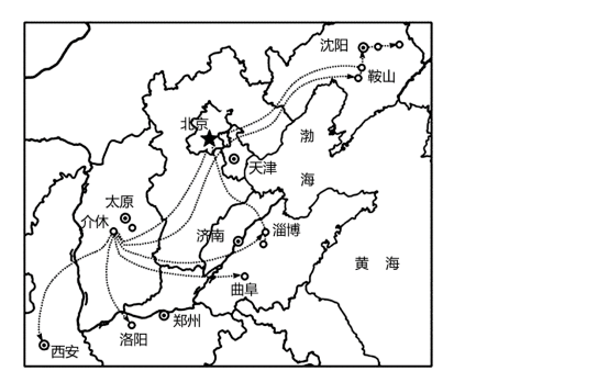 材料二:下圖為介休建築琉璃,燒製技藝傳播路線圖.