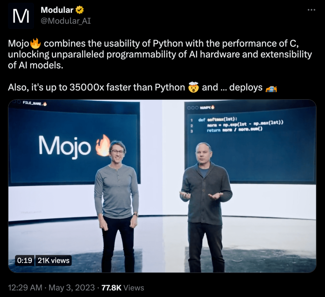 编译器大神 Chris Lattner 官宣新编程语言：Mojo，比 Python 快 35000 倍！