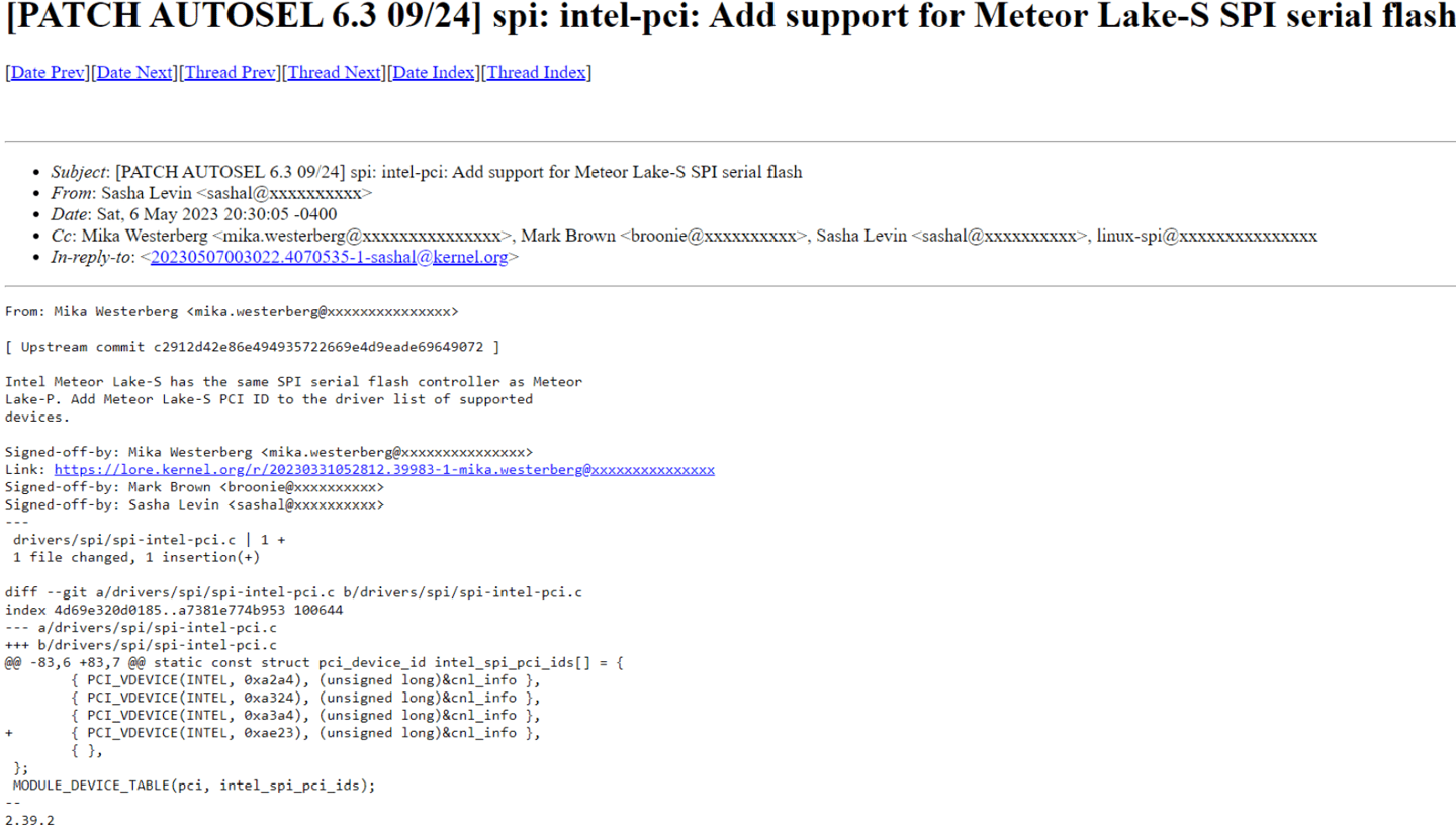 Linux 6.3补丁添加对Meteor Lake-S SPI串行闪存支持