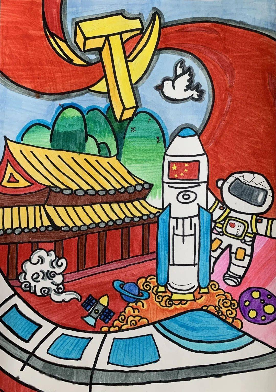 11岁 曹睿婕绘画《我和我的祖国》 12岁 李维瑄绘画《未来中国》 梁