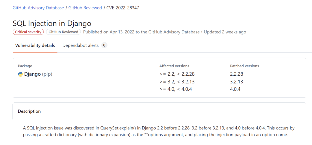 Django SQL注入漏洞 CVE-2022-28347