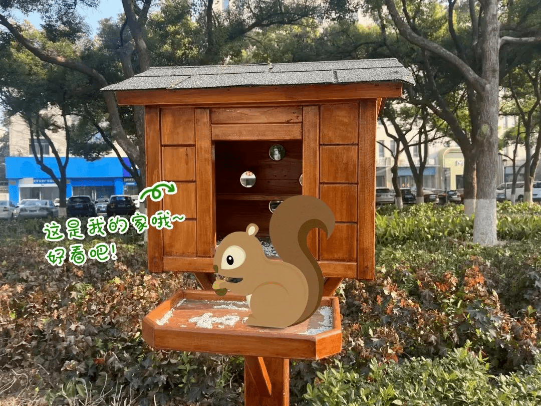 在城区好人广场绿化带内,出现了两座木质松鼠小屋,精巧的造型,靓丽的
