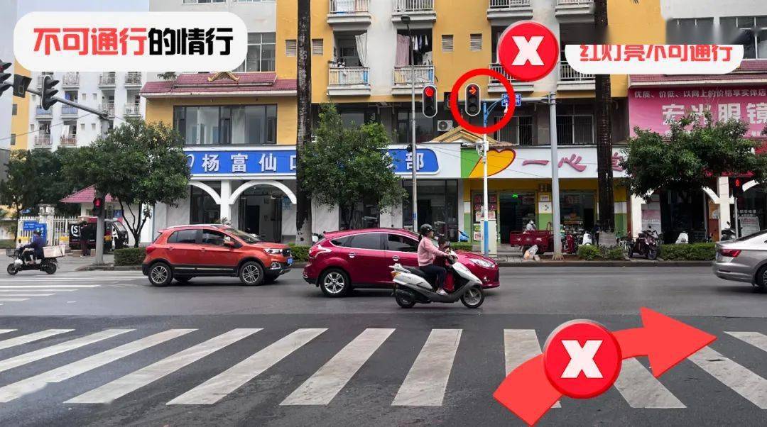 右转箭头指示灯红灯亮起时需在待转区停车等待,右转箭头指示灯绿灯亮