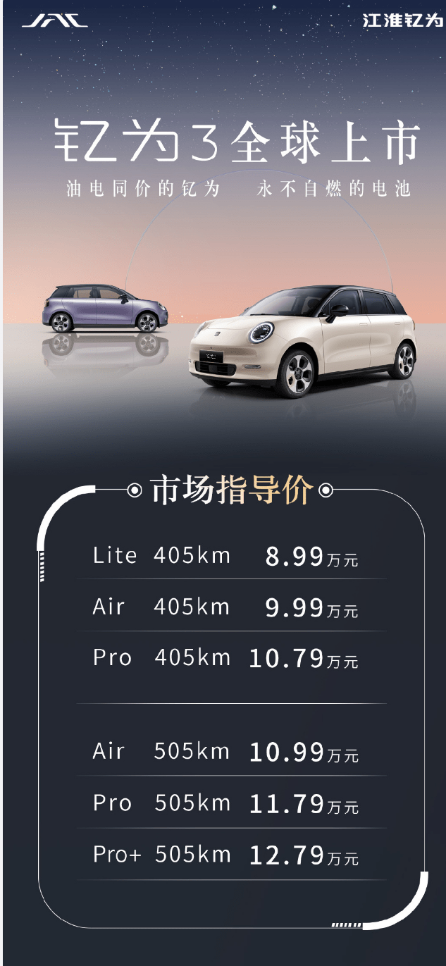 江淮纯电动小型车钇为 3 汽车上市，售 8.99 万-12.79 万元