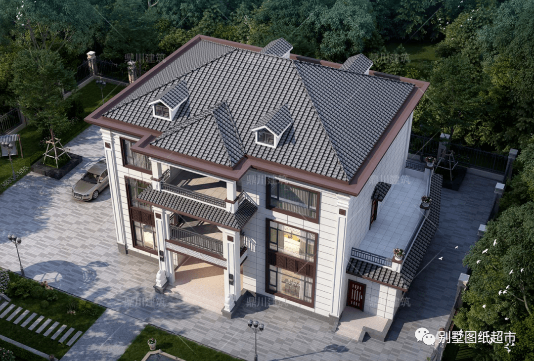 新中式风格的一款三层农村别墅,建筑外观简约美观,造型错落有致,令人