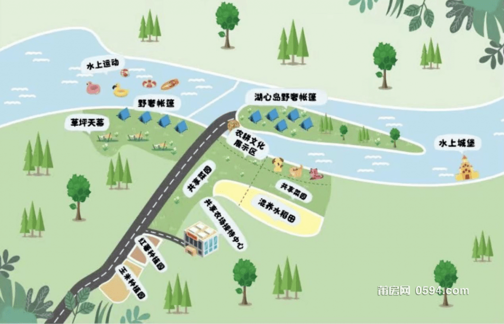 融入最近目的地景区的开发理念,与萍湖村将建设的文创休闲区,水上乐园