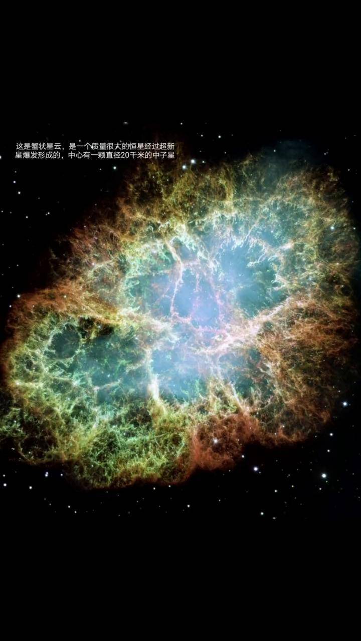 这是蟹状星云,直径约11光年,距离地球6500光年是超新星爆炸后的星云
