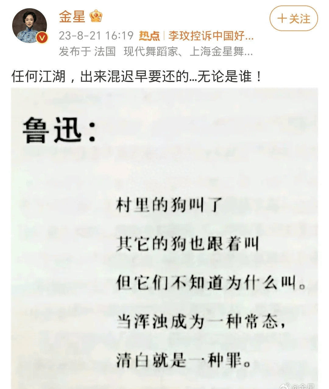 8月21日,金星在法国发文,引用了一段鲁迅语录的截图,疑似再为李玟事件