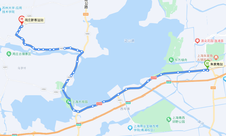 线路走向图↑首末班车时间:周庄新客运站→朱家角站07:00-19:00朱家角