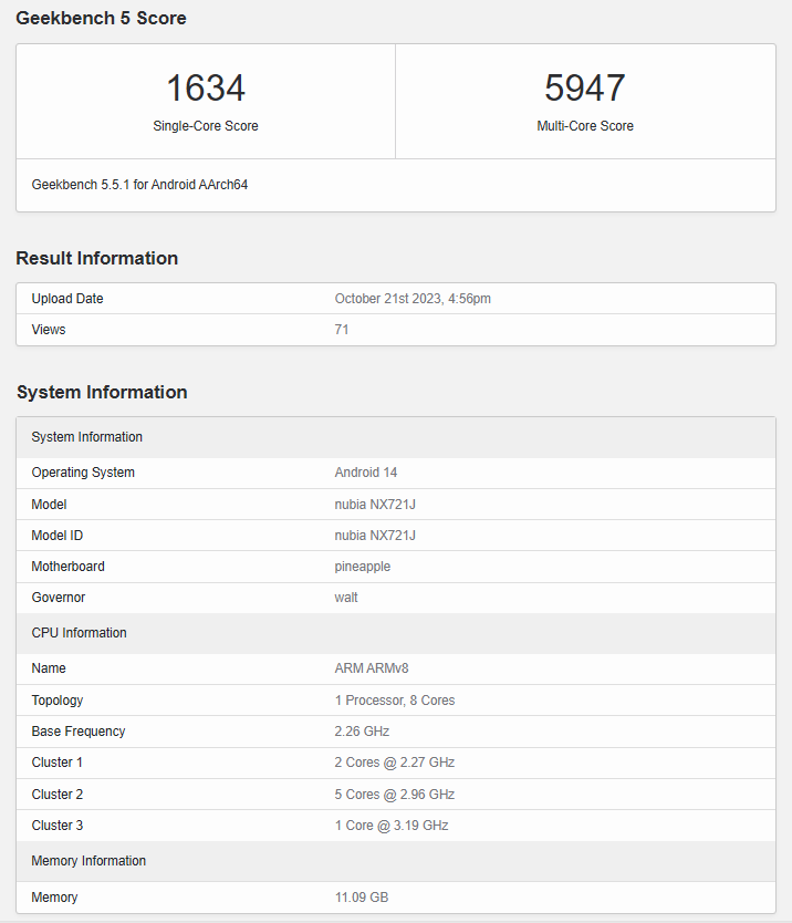 努比亚新机跑分截图geekbench 网站显示,努比亚这款新机在 geek