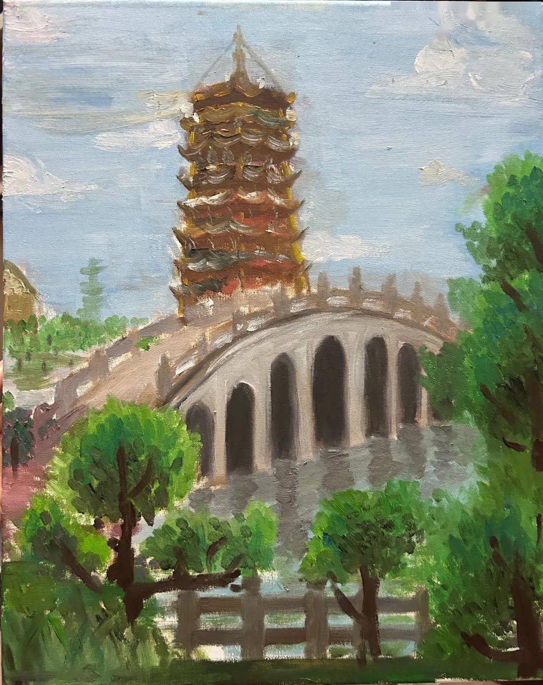 南医美景虹桥如长虹卧波横跨景湖凌云塔古色古香高耸入云认真呈现出