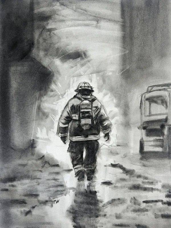 消防员救火场景素描图片