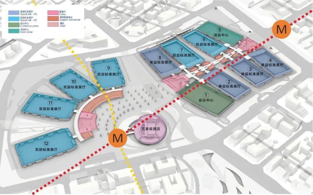 杭州大会展中心一期项目的8个展馆呈鱼骨状排列,可满足展会,赛事,年会