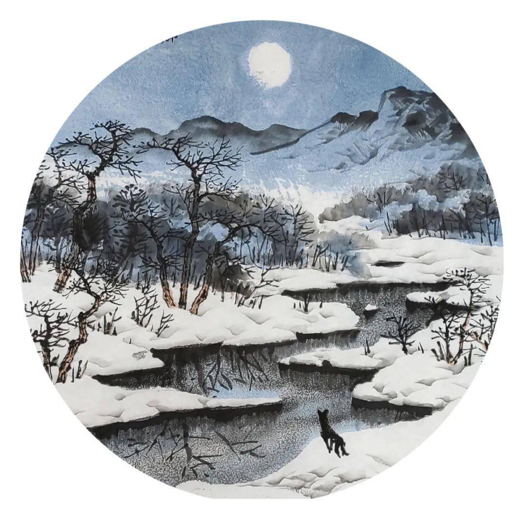 圆形雪景山水画小品图片