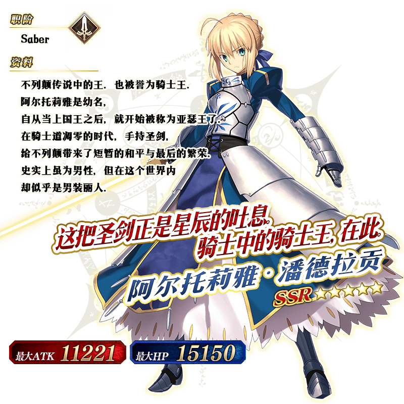 以上「★5(ssr)阿尔托莉雅·潘德拉贡(saber)」的立绘为灵基再临第2