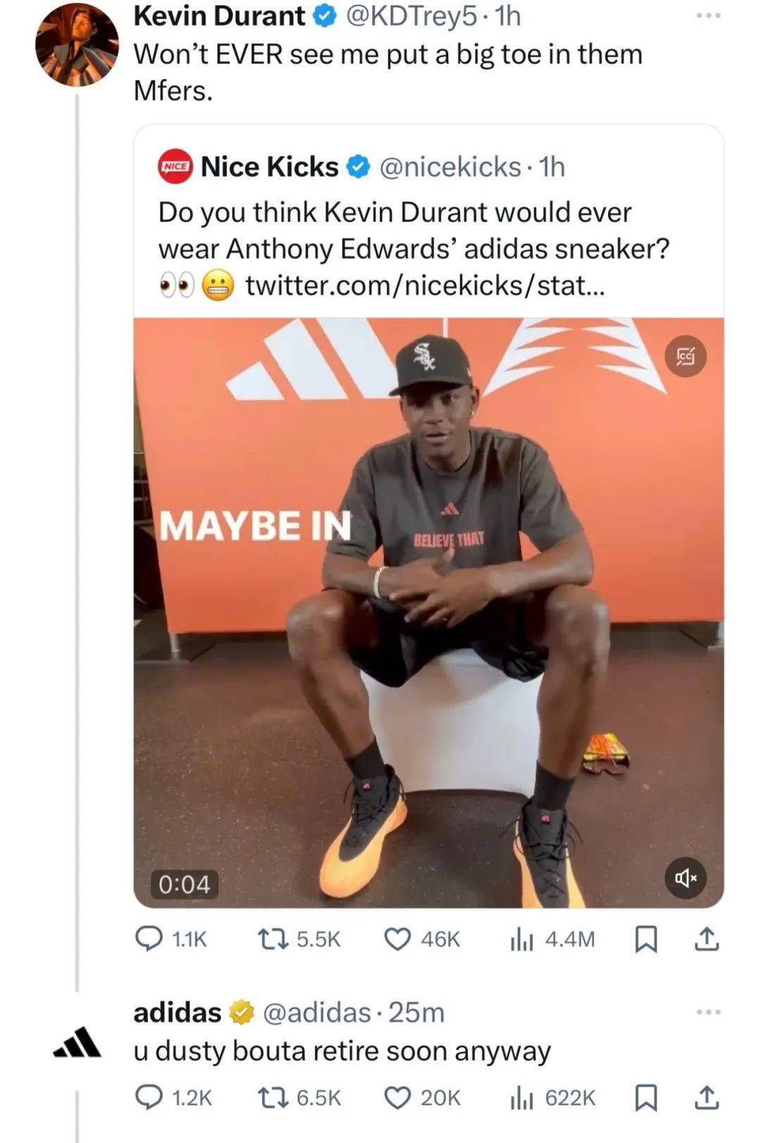 杜兰特看到华子的这番言论后,直接回怼:"我不会让我的脚趾穿在这种