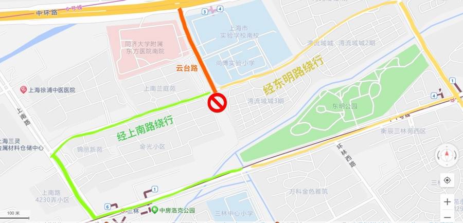 由上南路繞行至三林路;其二是經尚博路向東,由東明路繞行