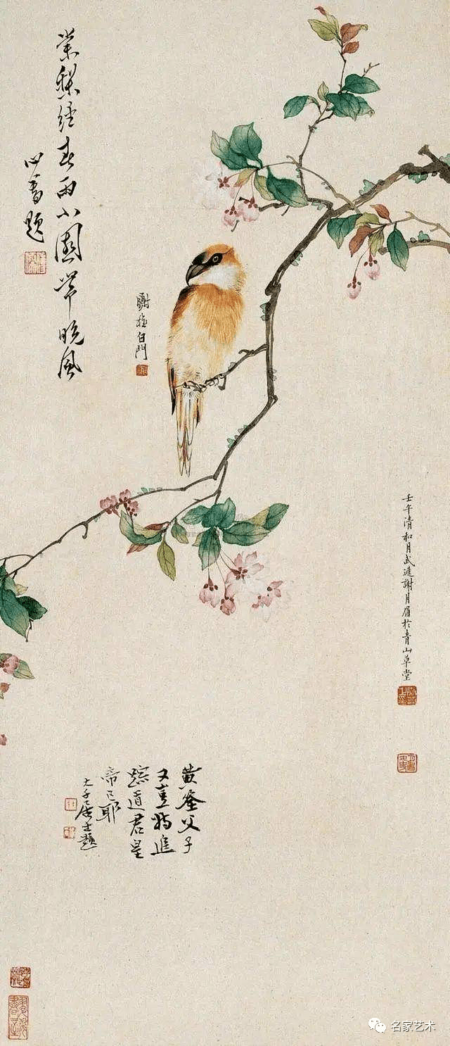 謝月眉於1942年作《花鳥圖》,張大千與溥儒曾分別在該畫上題字,對其大